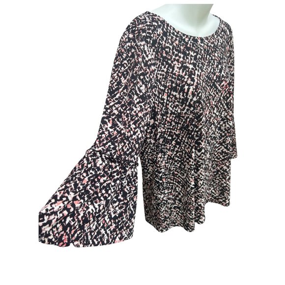 Ellen Tracy Long Bell Sleeve Round Neck Pullover Blouse Black White & Pink L - Picture 3 of 11